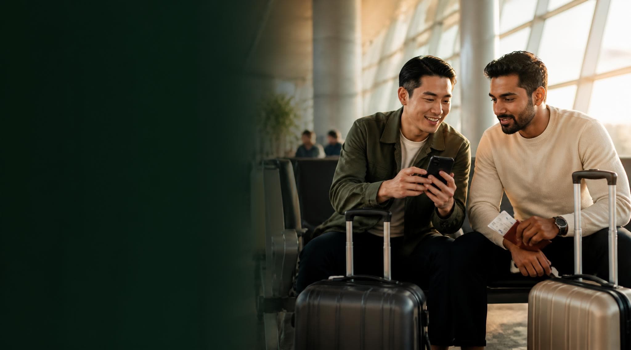 Two travellers sharing a mobile travel plan before boarding